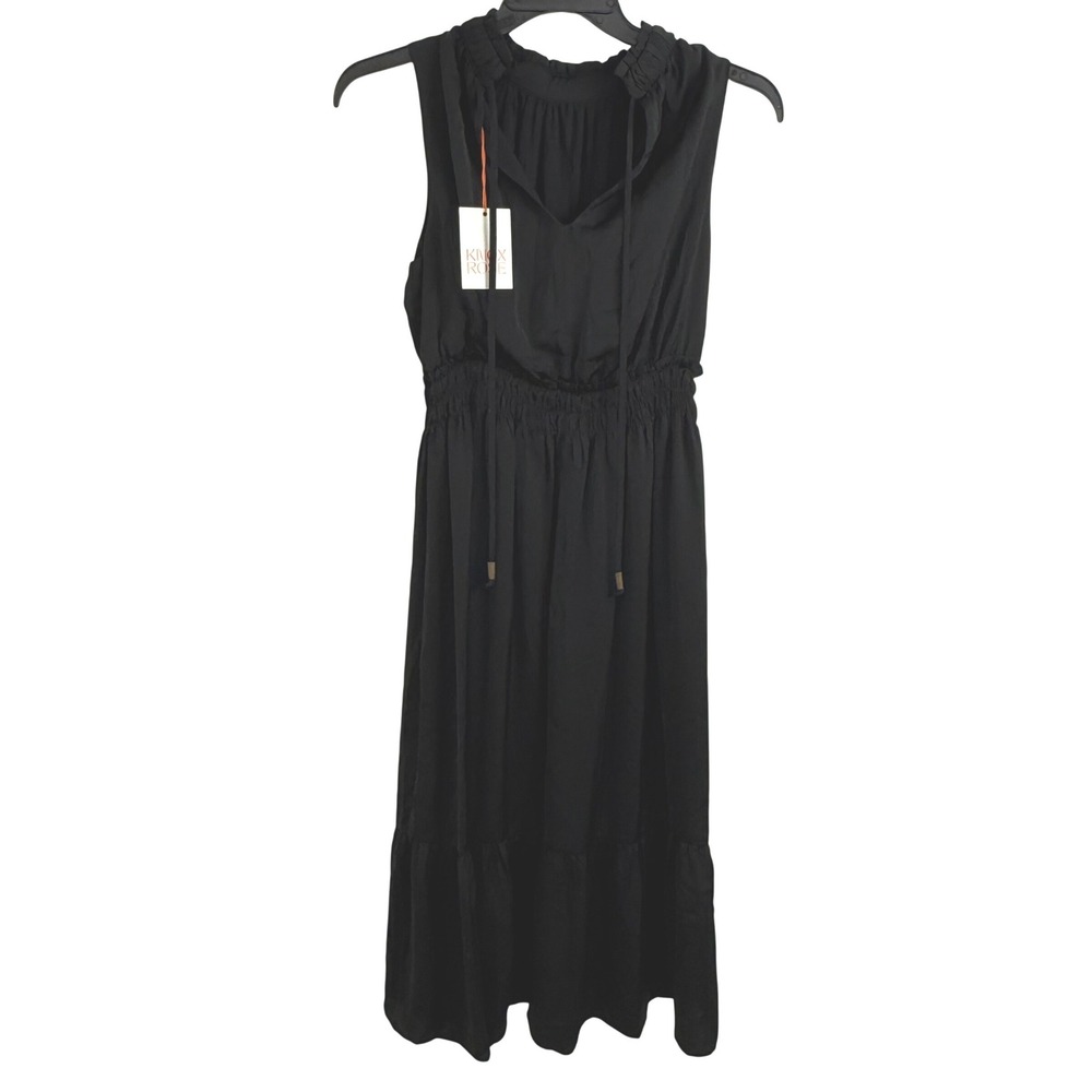 Knox Rose Ebony Black Smocked Waist Sleeveless Midi Dress Womens Small NWT